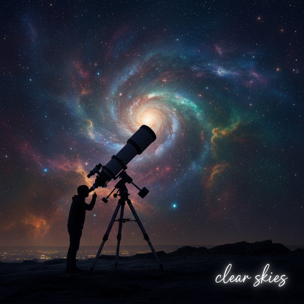 La silhouette di una persona guarda attraverso un telescopio puntato verso una galassia vorticosa nel cielo notturno stellato.